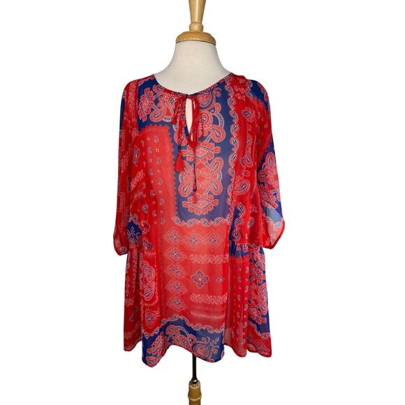 LANE BRYANT Handkerchief Print Sheer Blouse in Red White Blue Size 22/24 Womens - Picture 1 of 9
